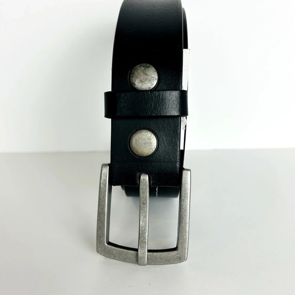 Transit Leather Belt Size 40 Black White Stitch Silver Tone Buckle Leather Jean